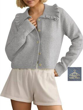 Cropped Cardigan with Ruffle Collar, Button Front, Long Sleeve, Cotton Blend